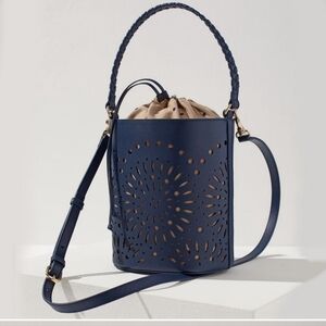 Chico's Navy Laser Cut Leather Bucket Bag